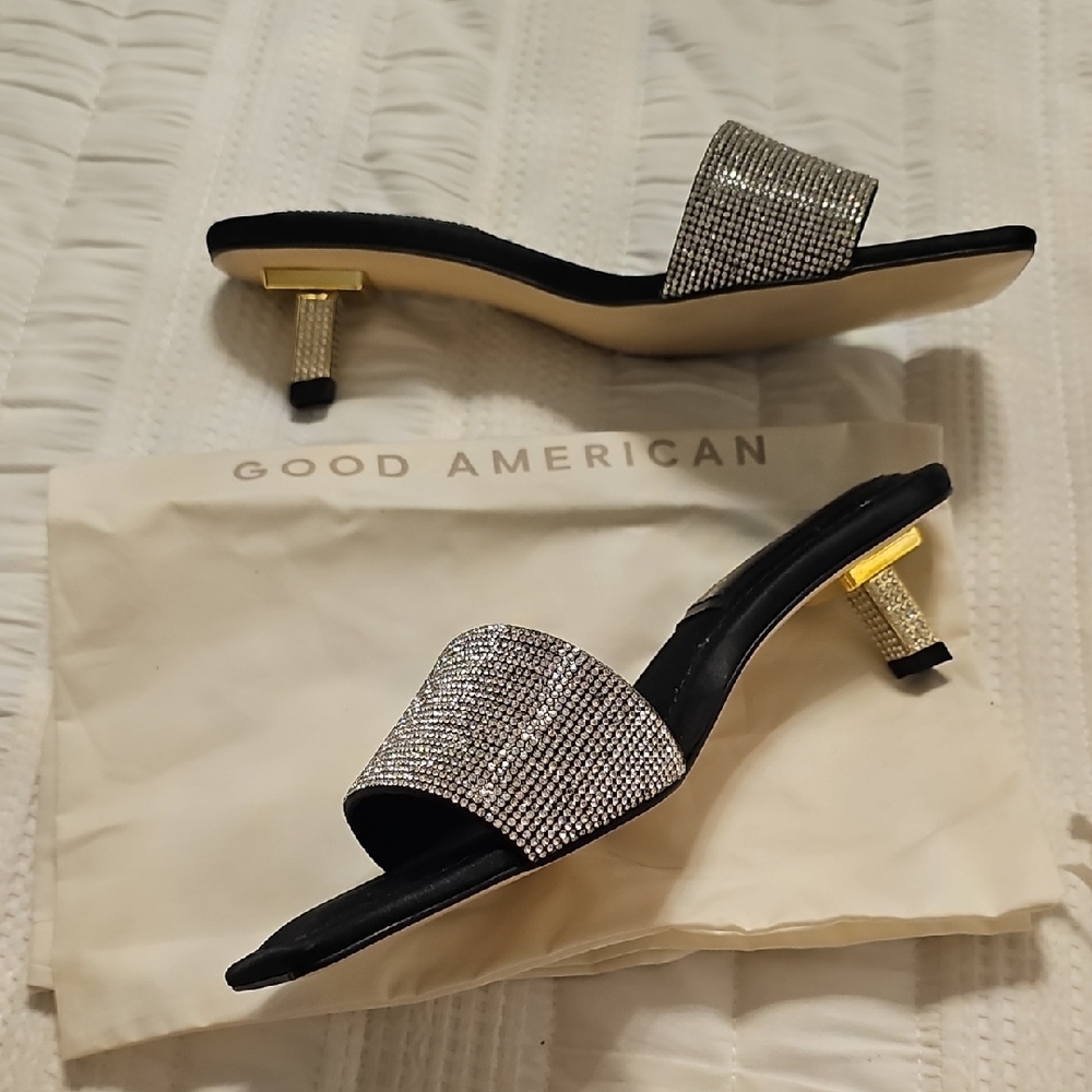 Good American Black and Gold Heels with Silver Accents
